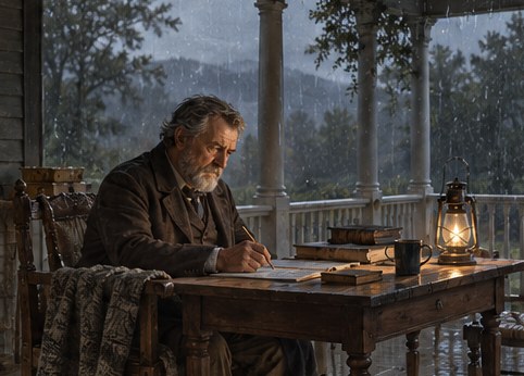 An illustrative AI-generated rendering of Ulysses S. Grant writing at a table on a porch at Mount McGregor, June 1885 — not a photograph, not a painting, and not a historical likeness of record.