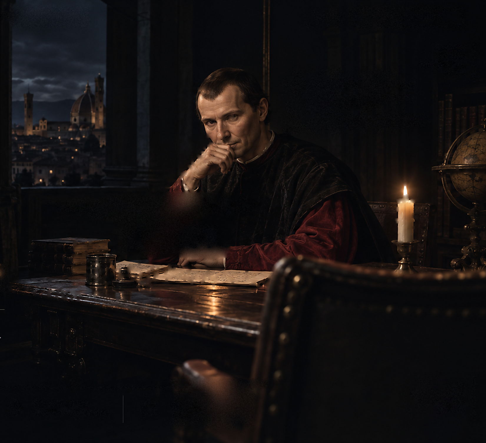 An illustrative AI-generated rendering of Niccolò Machiavelli at his writing desk outside Florence, December 1513, with an empty chair drawn up across from him — not a photograph, not a painting, and not a historical likeness of record.