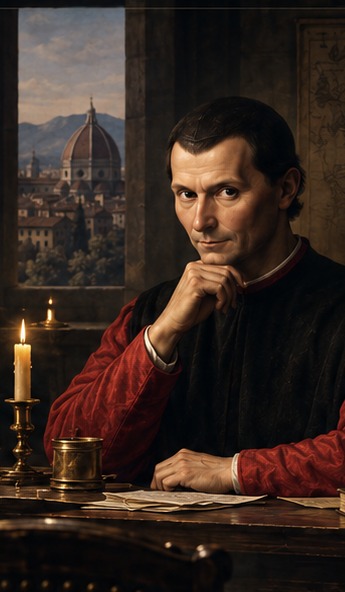 An illustrative AI-generated rendering of Niccolò Machiavelli seated at his desk by candlelight, hand to his chin, December 1513 — not a photograph, not a painting, and not a historical likeness of record.