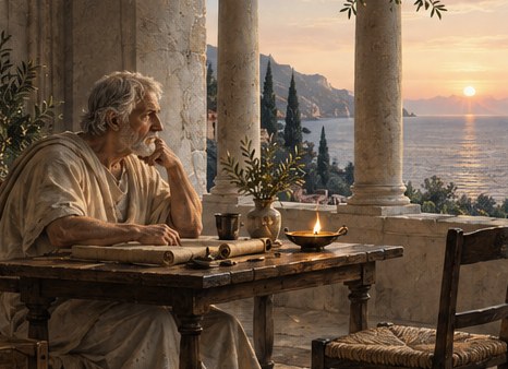 An illustrative AI-generated rendering of Seneca seated at a table on a villa terrace at sunset, AD 64 — not a photograph, not a painting, and not a historical likeness of record.
